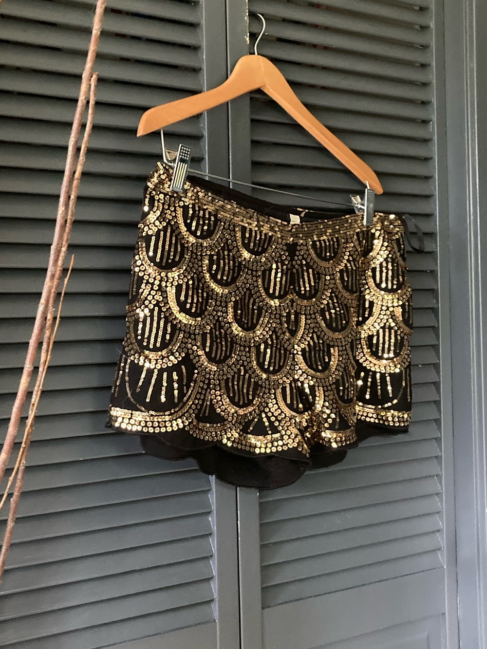 Black Shorts with Gold Sequin Scallop Detail
